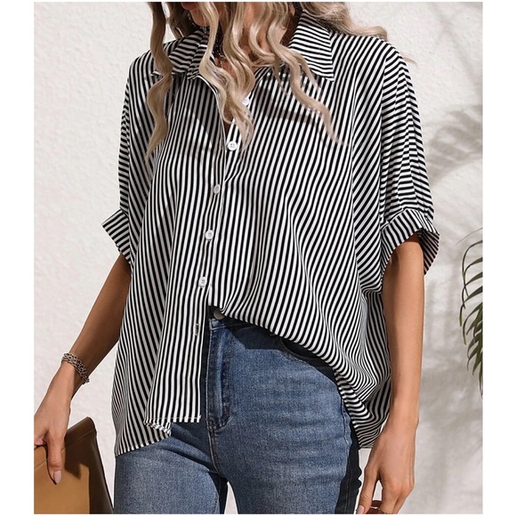 011 Stripes Button Down Boyfriend oversized Shirt - Picture 7 of 10
